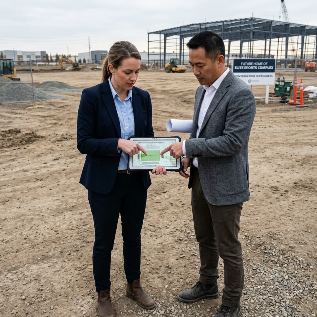 Consultants on construction site with blueprints