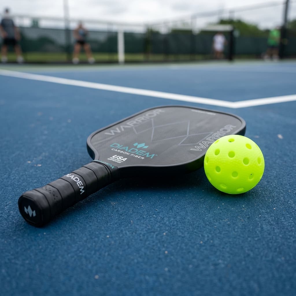 Modern pickleball paddle and ball