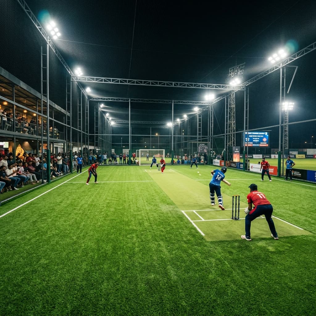 Nighttime box cricket match under floodlights