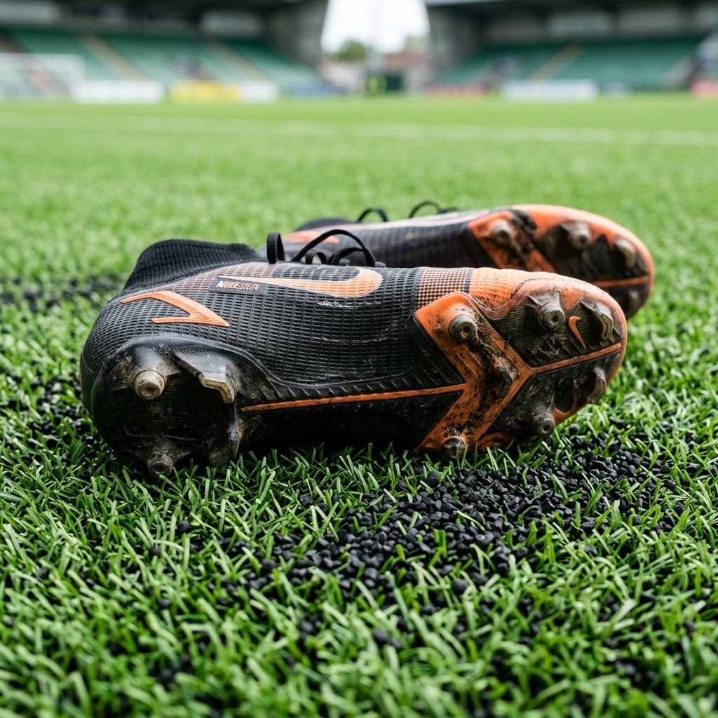 Professional football cleats on artificial grass